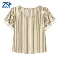 Chemisier décontracté rayé tissé respirant pour femme Zesheng, col à volants, manches contrastées superposées, coupe ample, hauts d'été OEM
