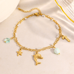 Fashion <b>Anklets</b> Stainless Steel 18k <b>Gold</b> Plated Double Layer Chain With Dolphin Star Pendants Women's Beach Jewelry - Product Image 3