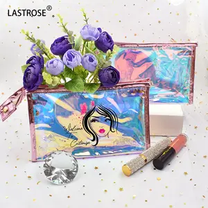 Waterproof Your Logo PVC Holographic Pink Purple Silver Zipper Pouch Bag Makeup Beauty Travel Luxury Cosmetic Bag Cases