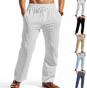 Pantalons d'été en lin, pantalons de plage, cordon de serrage, rayures verticales, pantalon décontracté respirant à tube droit, pantalon pour homme - Product Image 1