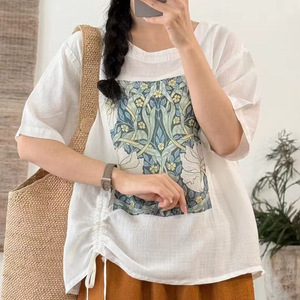 Women's Loose Cotton <b>Linen</b> T-Shirt <b>Plus</b> <b>Size</b> Drawstring Printed Asymmetric Short Sleeve Casual <b>Top</b> Summer Wear - Product Image 1