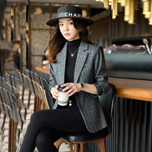 Womens Wool Blazer Dark Gray Solid Color Anti-Wrinkle Autumn Winter Casual Top Coat - Product Image 2