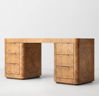 Bureau de direction en bois massif de style Mid-Century, placage de bois de bruyère, double piétement, 6 tiroirs, poignées dorées, hauteur réglable, bureau personnalisable