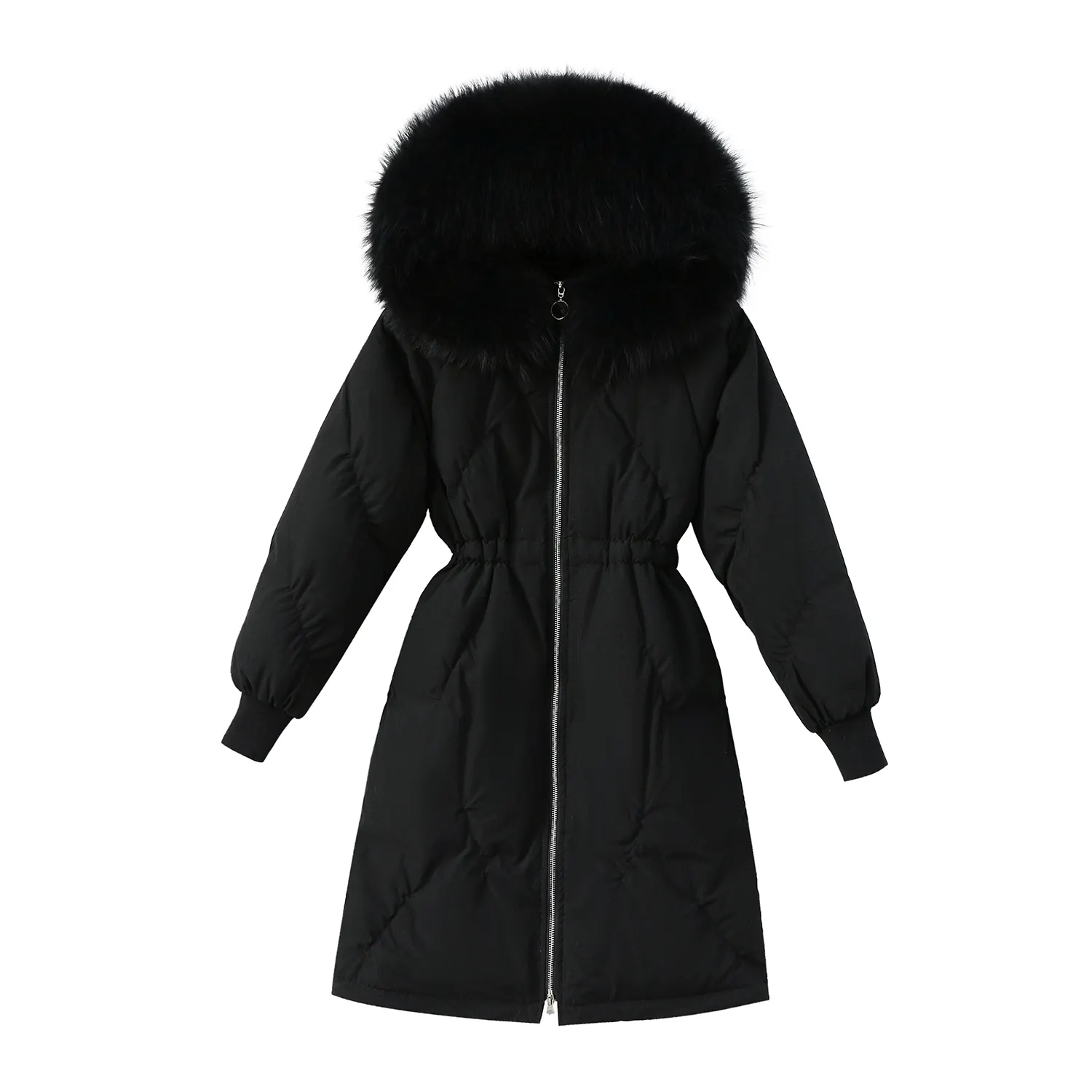 Custom Wholesale ODM/OEM Duck Plus Size Winter Coats Elegant Slim Puffy Jacket Fur Trim Hood Women Long Coat Down Jacket Female