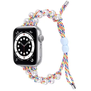 HK6006 gelang manik-manik perempuan jam tangan pintar seri 8 gelang tali melingkar Qaracord nilon elastis untuk Apple Watch Band