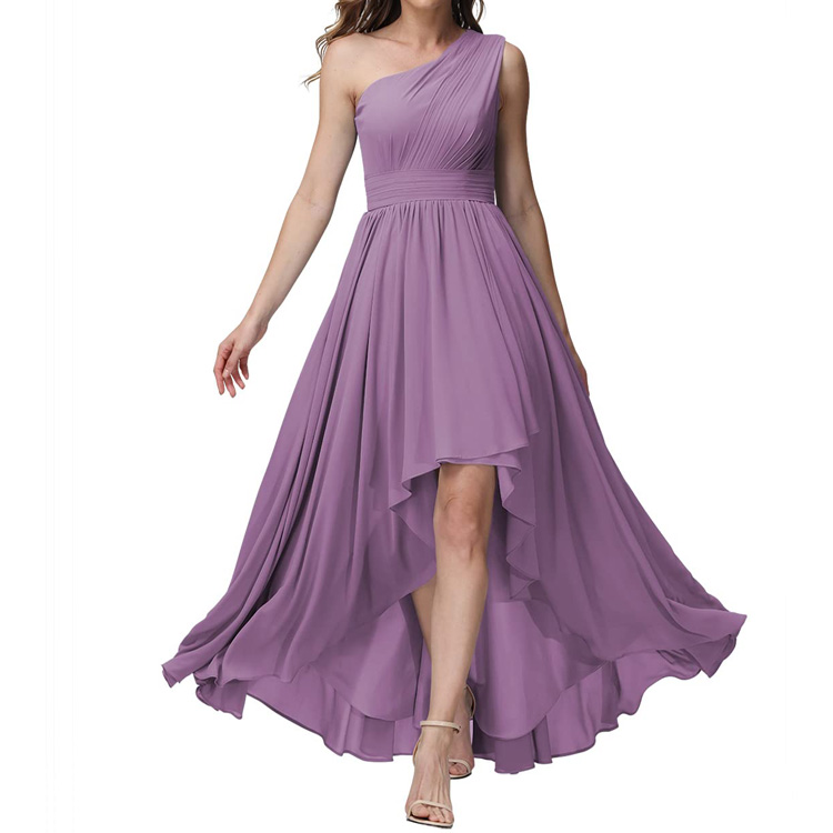 women's one shoulder long elegant chiffon evening formal gown bridesmaid dresses white with pockets
