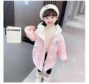 2024 어린이 새로운 겨울 모피 칼라 지퍼 재킷 긴 소매 다운 면 겉옷 따뜻한 소녀 후드 코트