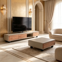 Ensemble meuble TV et table basse rétro en bois grainé avec tiroirs de rangement et compartiment ouvert, meuble TV de salon, mobilier de maison, vente en gros