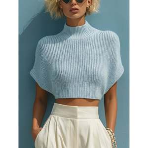 Pull côtelé à manches courtes pour femme, taille XS, bleu ciel, col montant, tricot court - Product Image 5