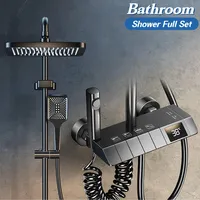 Ensemble complet de douche numérique LED en laiton gris pour salle de bain, système de douche de baignoire, robinet thermostatique pressurisé chaud/froid effet pluie