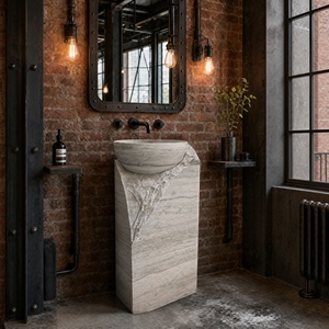 Poulars En gros Lavabo de luxe mural en pierre naturelle et pierre artificielle, avec piédestal, pour lavage des mains, en marbre blanc et bois - Product Image 5