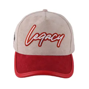 custom 5-panels baseball cap 100% suede dad cap stain inside embroidery logo leather strap