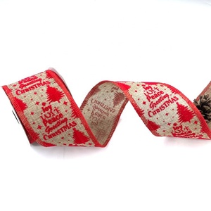 Pita berkabel poliester Linen terkunci pola pohon pinus Natal salam perdamaian goni palsu untuk kerajinan pembungkus Hadiah - Product Image 2
