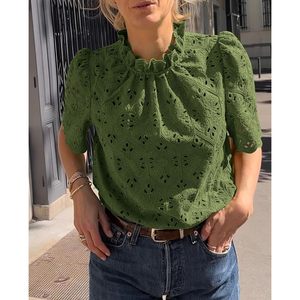Blusa Verde Bordada con Ojales para Mujer, Manga Corta, Manga Abullonada, Cuello con Volantes, Top Casual de Primavera Verano, Capa Transparente de Encaje - Product Image 3
