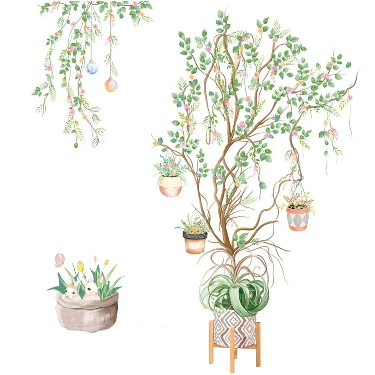 Papier peint de fleurs et lapins suspendus, plantes vertes de haute qualité, bon marché, bricolage, décoration de la maison