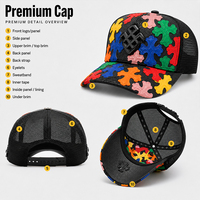 Casquette Trucker Multicolore avec Patchs Croisés, Dos en Maille Noire, Logo 3D en Cuir Gaufré, Visière Courbée, Fermeture Snapback Ajustable