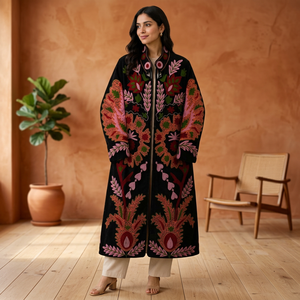 <b>Women</b> Hand Embroidered Suzani Velvet <b>Coat</b> <b>Black</b> Floral Paisley Motif Long Duster Jacket Open Front Kimono Robe Boho <b>Winter</b> - Product Image 3