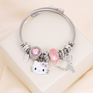 Joyería para niños al por mayor, brazalete de acero inoxidable, accesorios de moda, cuentas de diamantes de imitación, brazalete con abalorio de <span class=keywords><strong>Hello</strong></span> <span class=keywords><strong>Kitty</strong></span>, pulsera para mujer