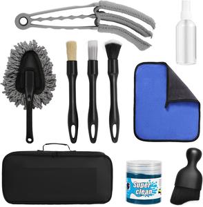 Kit de nettoyage intérieur de voiture 10 pièces - 3 brosses en poils de sanglier naturels, brosse de ventilation 3-en-1, plumeau en microfibre - Product Image 1