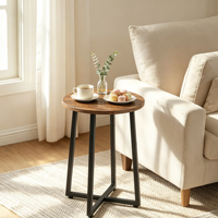 Mesa Auxiliar Redonda con Tapa de Madera y Estructura Metálica Industrial, Mesa Auxiliar Circular Pequeña para Sofá, para Sala de Estar, Dormitorio, Decoración del Hogar