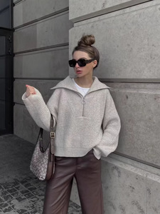 <span class=keywords><strong>Pull</strong></span> d'hiver pour <span class=keywords><strong>femme</strong></span> personnalisé en tricot côtelé rouge, col marin surdimensionné, demi-zip - Product Image 2