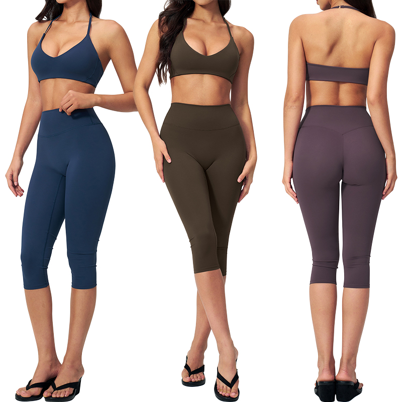 TZ5529-13 Women's High Waist Capri Yoga Suit Multi-Way Halter Sports Bra Crop Top Outfit Activewear for Gym Pilates Daily Wear