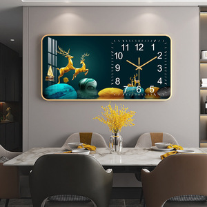 Quadro Creativo Paesaggistico con Cervo in Foglia d'Oro per Soggiorno, Dipinto in Porcellana Cristallo con Orologio da Parete - Product Image 1