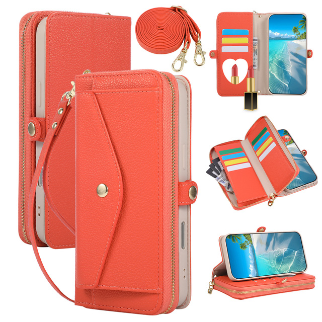 Crossbody Lanyard Leather Wallet Flip Mirror Phone Case for iPhone 17 Air 16E 15 14 13 Plus 12 11 Pro XS Max XR Zipper Card Slot