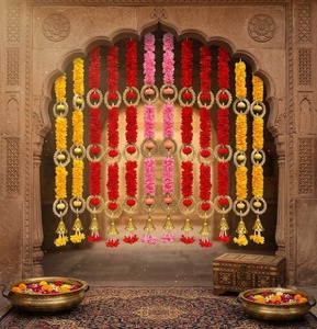 Traditional Indian Wedding Birthday Diwali Home Decor Artificial Marigold <b>Flower</b> Garland Backdrop Fabric Golden Wreath Hoops - Product Image 5
