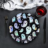 50 Assiettes en papier jetables irisées noires pour Halloween, holographiques argentées, effet fantôme changeant de couleur, effrayantes, 9 pouces