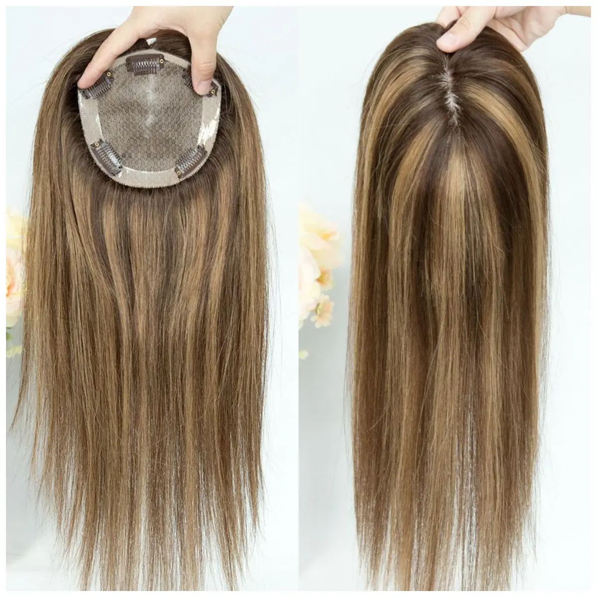 Topper de seda de pelo humano europeo para mujer, peluquín de pelo marrón balayage, talla media, 100%