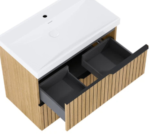 Modern Fluted Wall Mounted <strong>Bathroom</strong> <strong>Cabinet</strong> <strong>Wood</strong> Color with Water-Resistant Ceramic Basin for Apartment Hotel or Villa - Product Image 2