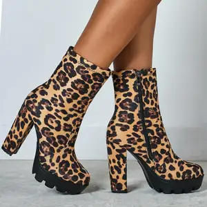 CSB18 tallone della piattaforma delle donne della caviglia stivali stampa del leopardo delle donne chunky stivali