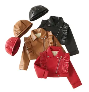 Модные От 2 до 7 лет комплект из 2 предметов для девочек, кожаная куртка шляпа, экокожа (полиуретан), мотоциклетная верхняя одежда с оборками, на молнии, пальто