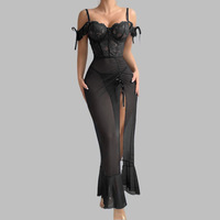 Vente en gros de chemise de nuit sexy au genou pour femme, lingerie érotique, pyjama brodé en dentelle transparente creuse, joli tissu satiné