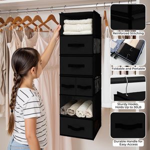 Organisateur de placard suspendu avec 6 étagères, 5 tiroirs, 6 poches latérales, en tissu non tissé détachable, pour le rangement des vêtements dans la chambre, type crochet - Product Image 4