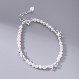 Bracciale in Argento Sterling 925 con Perle e Fiocco per Donne, Semplice e Dolce, Stile Principessa, Braccialetto da Ereditrice <span class=keywords><strong>Chaebol</strong></span> B6213 - Product Image 4
