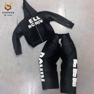 ชุดเซ็ตเสื้อฮู้ดดี้หนานุ่มและกางเกงวอร์มผ้าเฟรนช์เทอร์รี่ทรงสตรีทแวร์สำหรับผู้ชาย ลวดลายปักแบบวินเทจ ซักย้อมสีแบบแอซิดวอช - Product Image 3