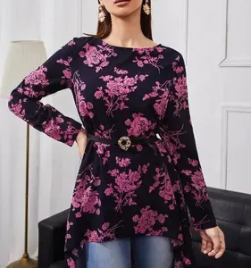 2022 Fashion Ladies Clothing Floral Elegant Round Neck Asymmetrical Dip Hem Tunic Women Shirt Blouse Women's Blouses