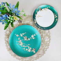 Pfauengrünes Bone China Geschirrset, Luxuriöses Türkises Chinesisches Tafelservice mit Elster- und Pflaumenblütenmuster