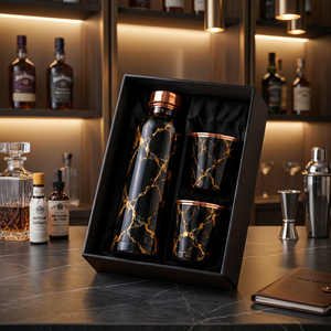 Juego de Regalo de Botella y Tazas de Agua de Lujo en Negro, Dorado y Cobre con Detalles en Cobre para Regalos Empresariales - Product Image 1