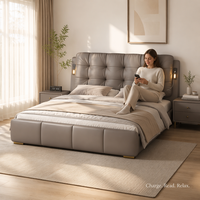 Lit de luxe en cuir Nappa véritable avec chargeur USB, éclairage LED, cadre de lit plateforme moderne rembourré avec tiroirs de rangement