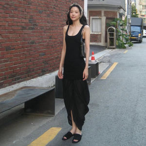 Vestido Minimalista y Elegante de Punto con Efecto de Capas, Cintura Natural Fruncida, Diseño Sólido, Tela Transpirable, Silueta en A para Mujer - Product Image 5