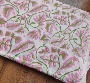 Hand <b>Block</b> <b>Printed</b> Pink Floral Cotton Fabric for Curtains Cushions Sewing Home Decor and Upholstery by the Yard - Product Image 1