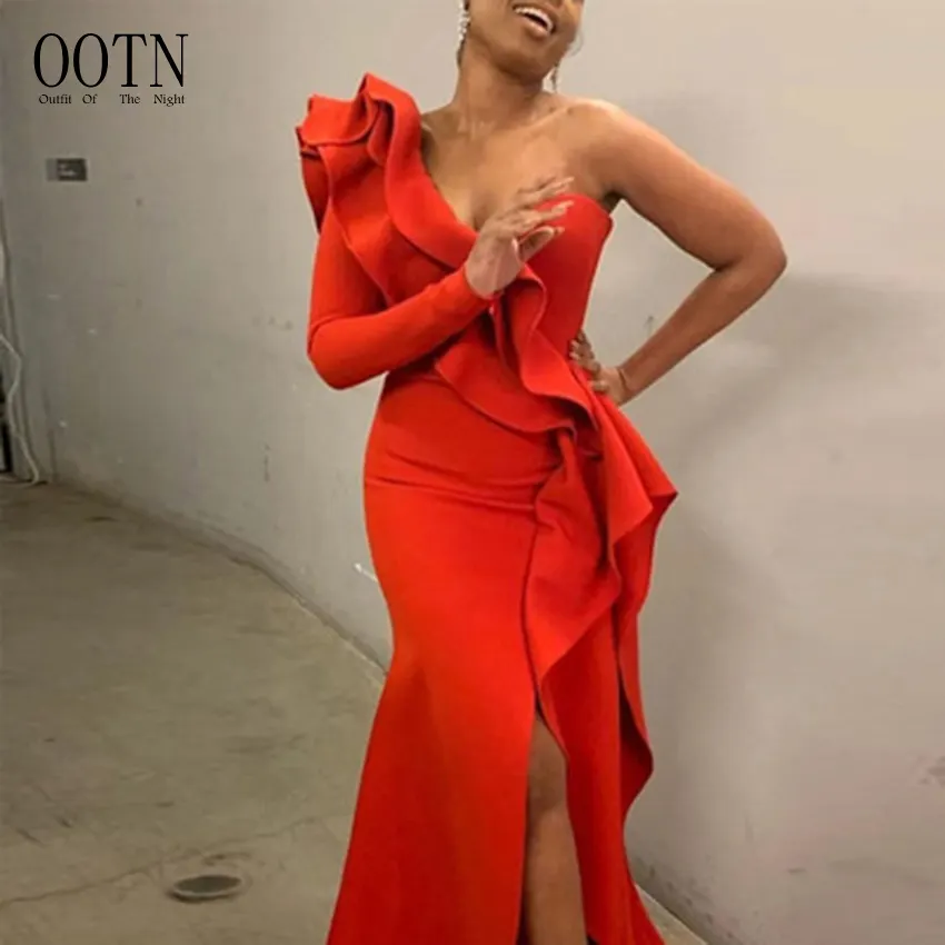 OOTN una spalla aderente diviso femminile volant Maxi vestito rosso Prom 2021 stile africano elegante partito <span class=keywords><strong>donne</strong></span> Sexy abito lungo