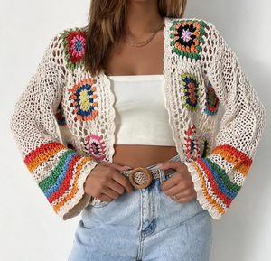 Cardigan en tricot de haute qualité pour femme, motif floral <span class=keywords><strong>au</strong></span> <span class=keywords><strong>crochet</strong></span>, carrés <span class=keywords><strong>Granny</strong></span>, coloré, à manches évasées, ouvert sur le devant, style veste de couverture - Product Image 1