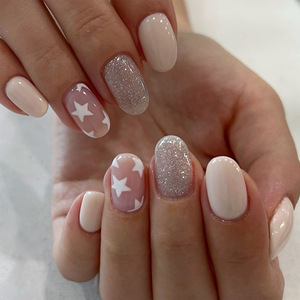 พร้อมส่ง ชุดเล็บปลอมแบบเต็มแผ่นทรงอัลมอนด์ฝรั่งเศส วัสดุ ABS พร้อมกาว - Product Image 6