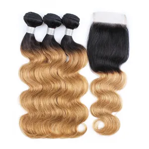 Colored Brazilian Ombre Human Hair Straight T1b/27 Dark Roots Blond 3 Bundles with Lace Closure Without Pack