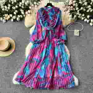 Vestido Midi con estampado al óleo para mujer, vestido elegante Vintage francés para mujer, vestidos de gasa con estampado de cintura y manga larga - Product Image 5
