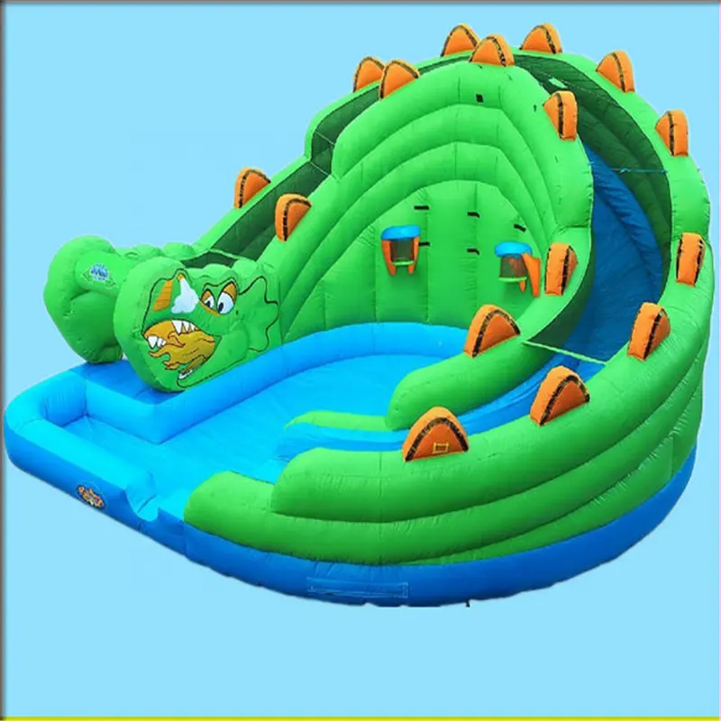 Гигантская надувная водная горка крокодила во дворе с плавательным бассейном, баскетбольным обручем, шарики для детей и взрослых, надувные водные горки